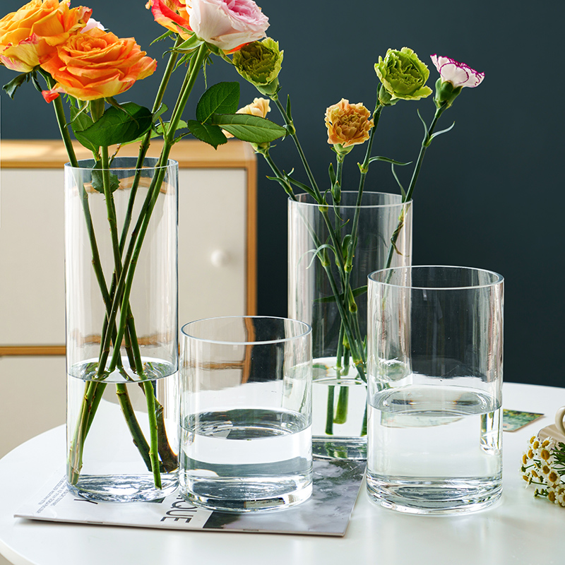 简约欧式透明玻璃花瓶直筒网红大号水养富贵竹鲜花插花瓶客厅摆件
