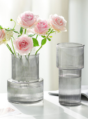 北欧风创意玻璃花瓶轻奢水养鲜花透明竖条民宿插干花器客厅摆件