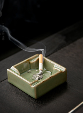 复古青瓷烟灰缸四方形创意家居办公室客厅家用圆形陶瓷烟缸摆件