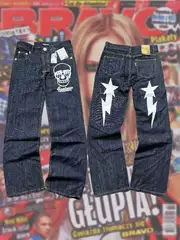 Small size export daily single fantasi @ Year 1 Millennium retro meteor print skull straight leg jeans for women