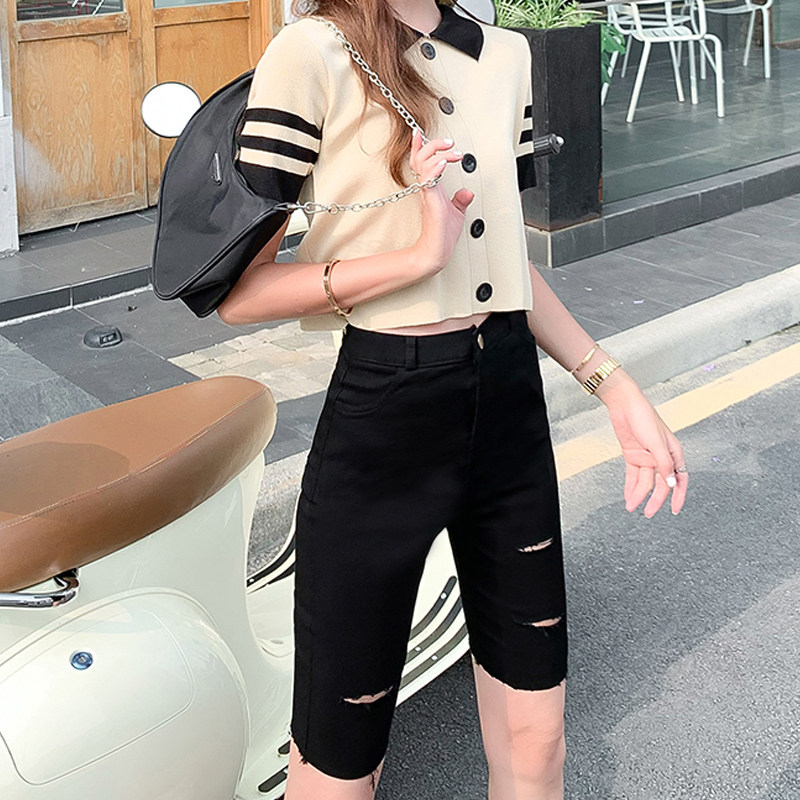 破洞五分打底裤女外穿2021年夏季薄紧身弹力网红骑行裤女5分中裤