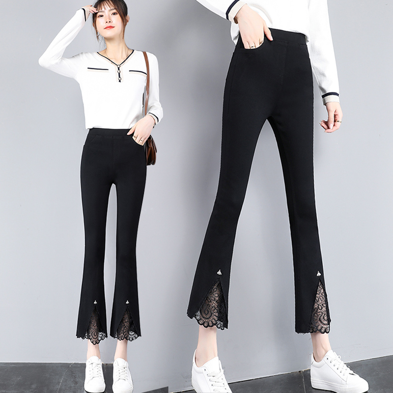 高腰七八九分开叉蕾丝微喇叭裤女