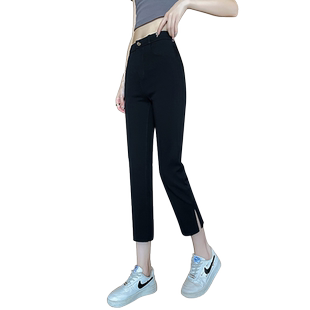 烟管裤女8分高腰弹力小黑裤女春秋款秋裤女小个子9分侧面开叉裤子