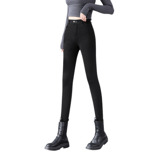 加绒加厚裤子女冬天外穿小脚裤8分小个子打底裤紧身显瘦小黑裤9分