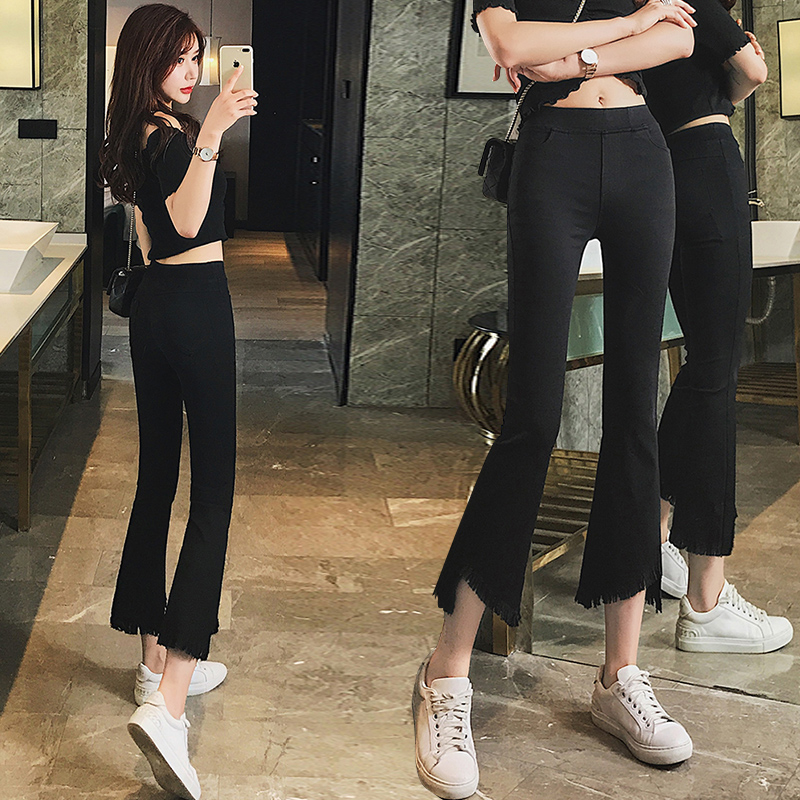 松紧腰八九分小个子不规则喇叭裤