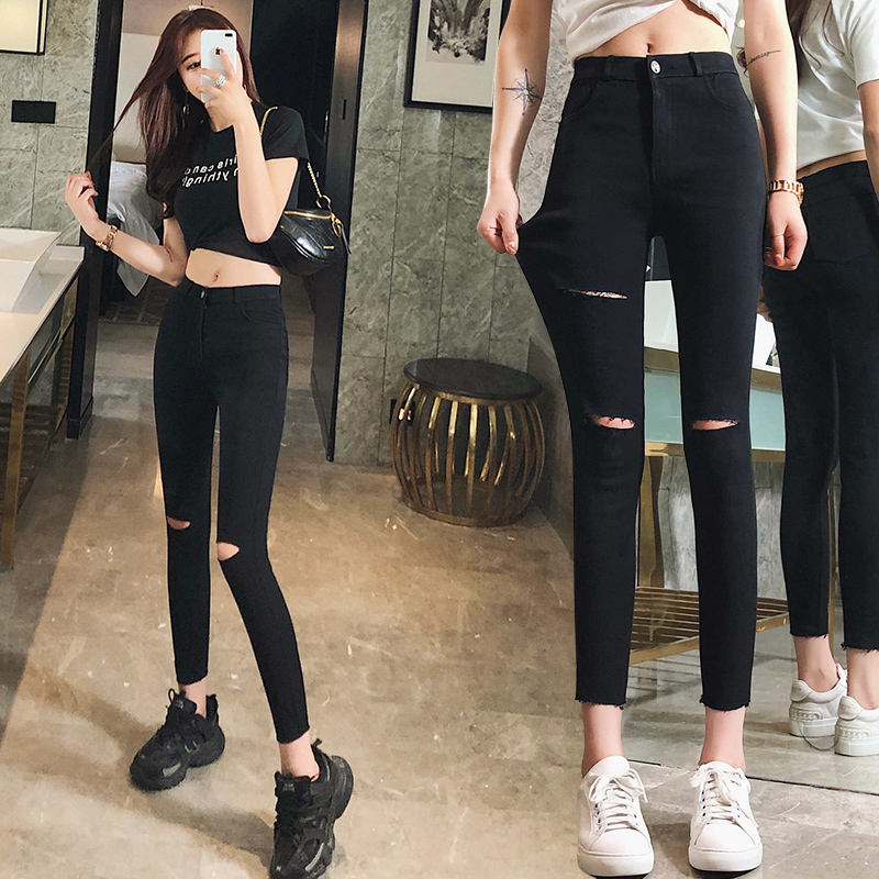 黑色小脚裤8分打底裤春秋款女高弹力外穿破洞小黑裤八分小个子145