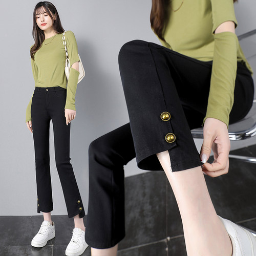 高腰烟管裤女2025新款薄款万能百搭小黑裤女八分裤小个子开衩九分