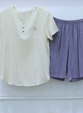 升派男士睡衣短袖短裤夏新款梭织棉麻圆领套头青年薄款家居服套装