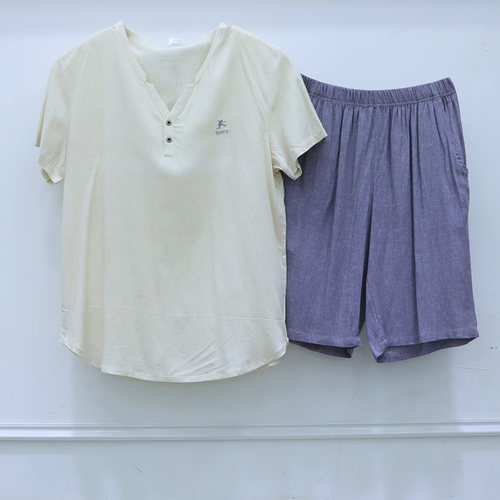 升派男士睡衣短袖短裤夏新款梭织棉麻圆领套头青年薄款家居服套装