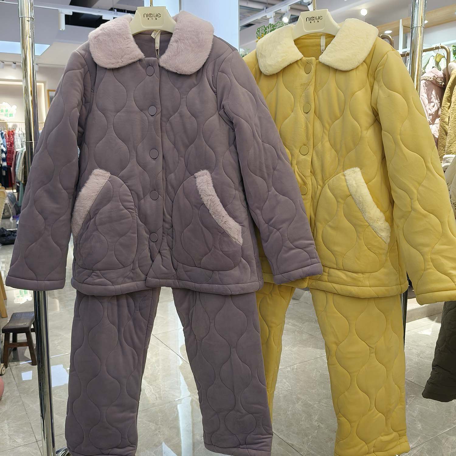 正品妮可雅睡衣女20026冬季加厚款三层珊瑚绒夹棉保暖家居服套装