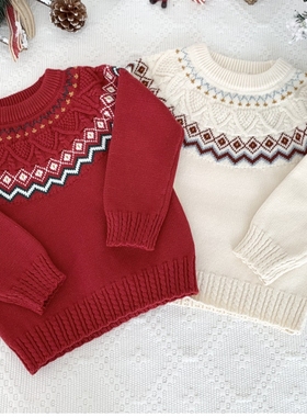 Passy'sChoice圣诞男女儿童装宝宝费尔岛全棉纱粗针提花白红毛衣