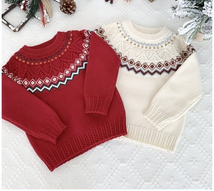 Passy'sChoice圣诞男女儿童装宝宝费尔岛全棉纱粗针提花白红毛衣