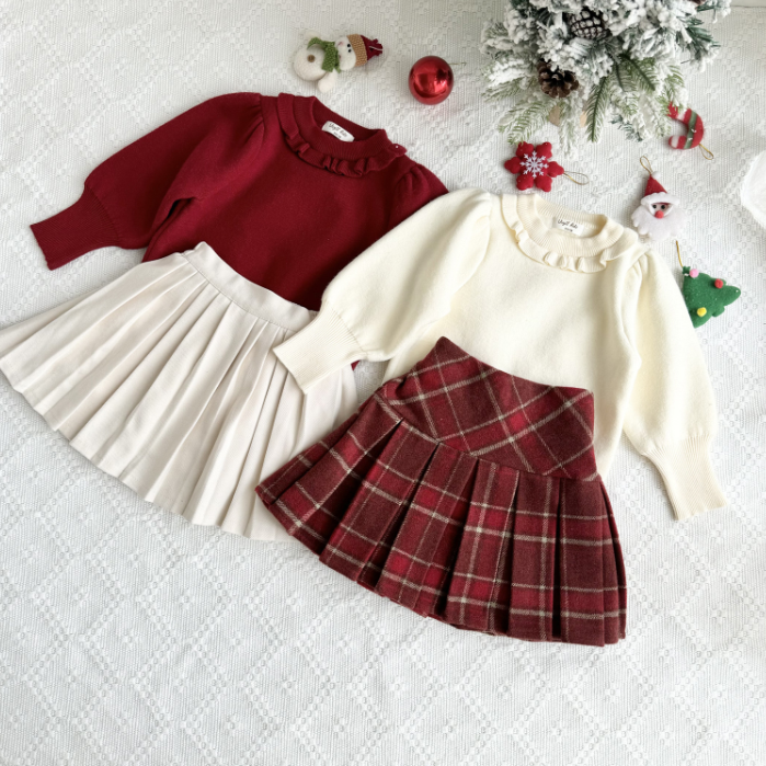 女童装泡泡袖冬款毛衣百褶裙