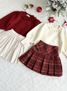 Passy'sChoice女童装圣诞新年灯笼袖一体绒加厚保暖内搭毛衣半裙