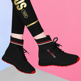 高帮袜子女鞋2025秋冬季新款弹力飞织布一脚蹬休闲针织加绒短靴女