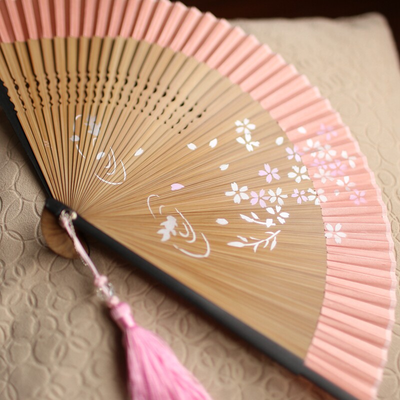 和服女扇江户日式折扇日本和风扇子礼品扇 烤漆 落樱柳叶池塘小鱼