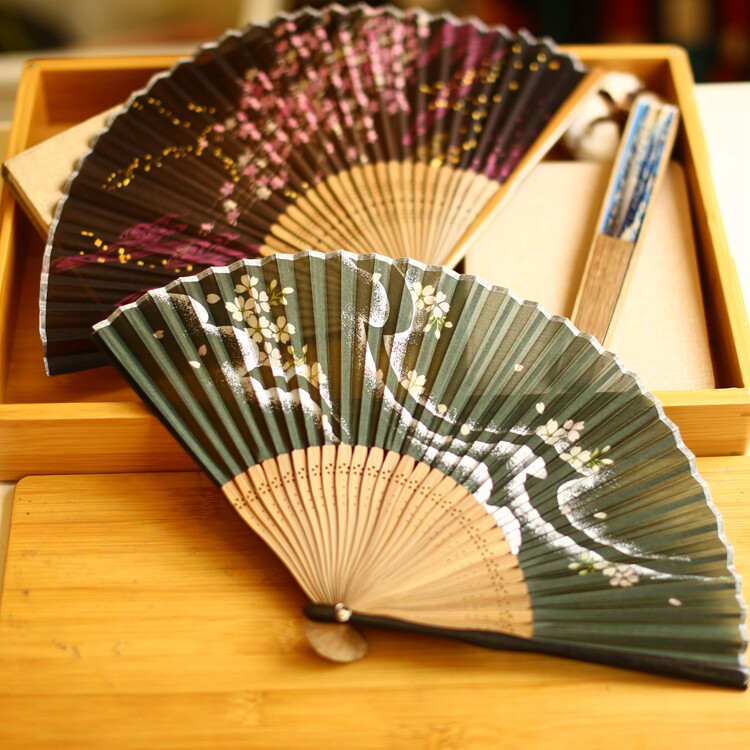 【江户日式】日本和风折扇子 竹柄和服扇 精品女扇 浪漫樱花 墨绿