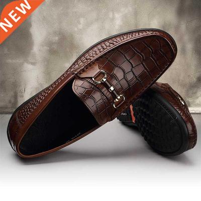 Phenkang Men Leather Summer Alligator Texture Slip-On Casual