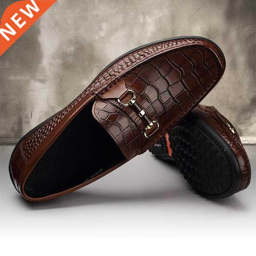 Phenkang Men Leather Summer Alligator Texture Slip-On Casual
