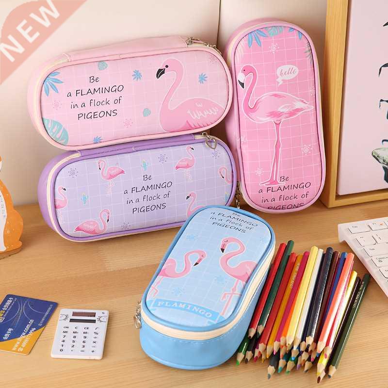 Kawaii School Pencil Case for Girls Flamingo Cat Unicorn PU