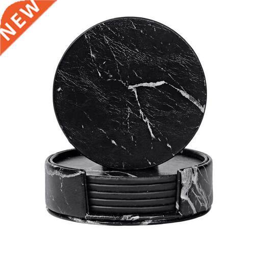 Coasters 适用于 Drinks 6-Piece with Holder,Marble Black Roun