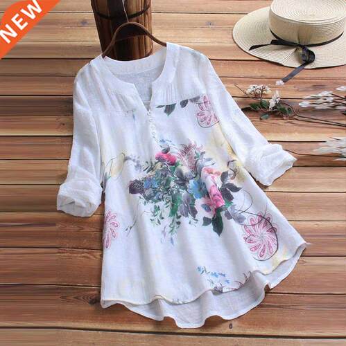 Blouse Women Vintage V-Neck Floral Printing Patch Long Sleev