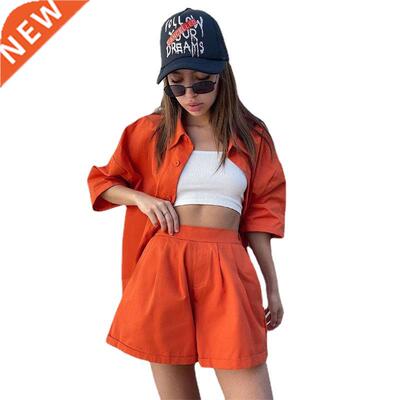 Solid Color Lapel Short Sleeve Hig Waist Shorts Two Piece Se