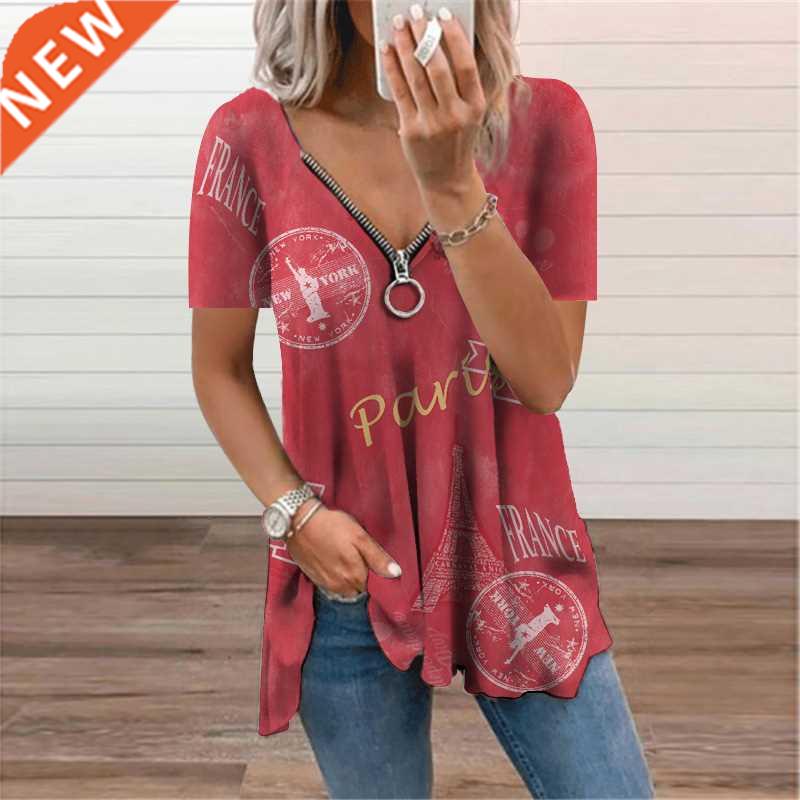 Zipper Ladies T-Shirt Oversized Print Short Sleeve V-Neck To