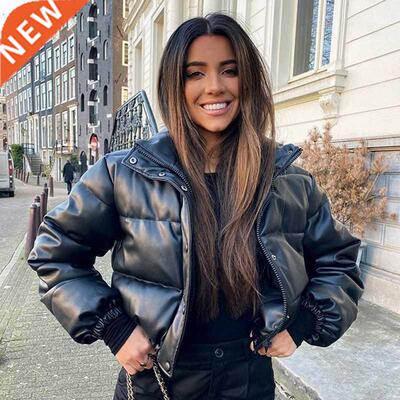 Wnter Women's Jacket Thck Warm Short Parka Black Pu Leathe