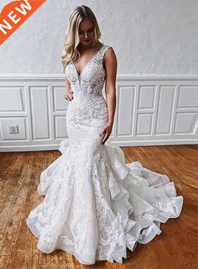 Ruffles Layered Skirt Lace Mermaid Wedding Dress Robe De Mar
