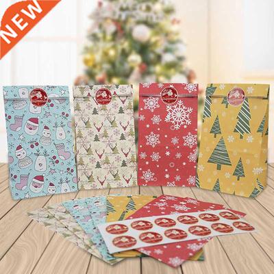 12Pcs Christmas Gift Bag Kraft Paper Candy Cookies Bag With