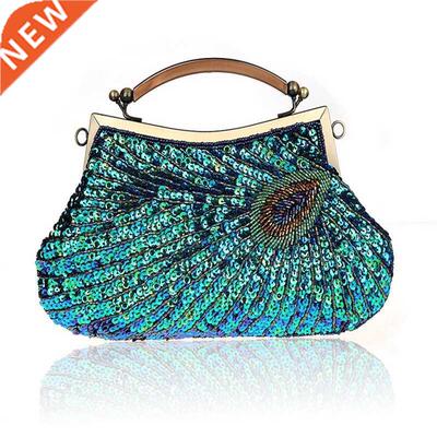 Vintage Women's Clutches Evening Bags with handle Peacock Pa