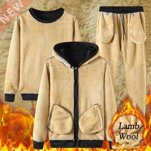 2021 Winter Thick Warm Lamb Wool Tracksuit Men Hooded Runnin