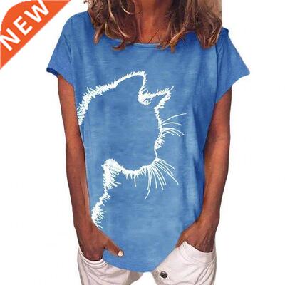 Hot Women T-shirt Print Cats Heads Short Sleeve Pullover O