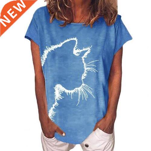 Hot Women T-shirt Print Cats Heads Short Sleeve Pullover O