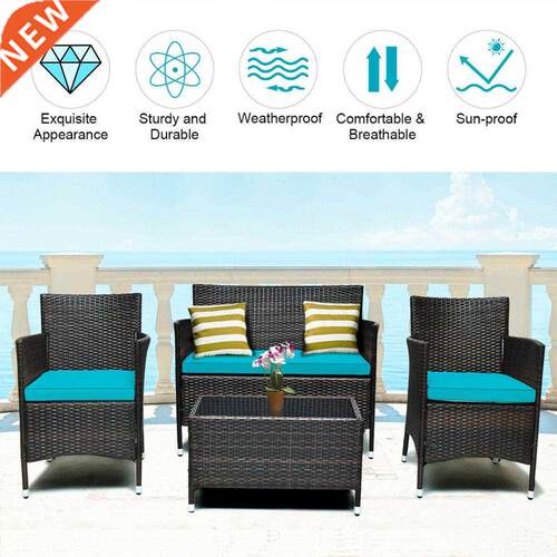 4PCS Rattan Patio Furniture Set Cushioned Sofa Chair Coffee