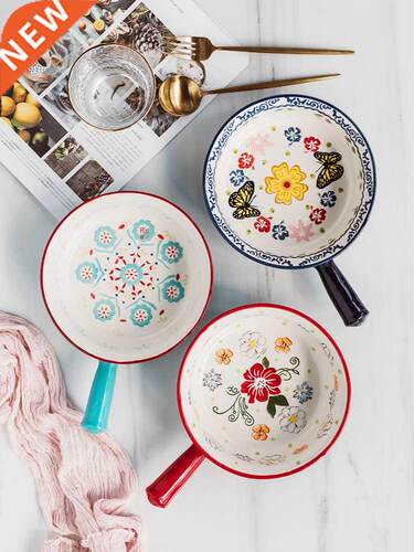Japanese creative ceramic handlebar baking bowl salad soup