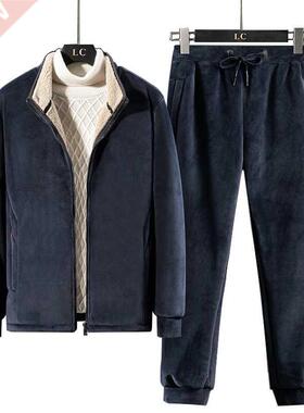 Men Winter Fleece Sets Mens Fashion Thick Hoodies+Pants Suit