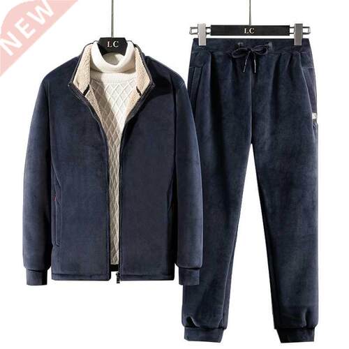 Men Winter Fleece Sets Mens Fashion Thick Hoodies+Pants Suit