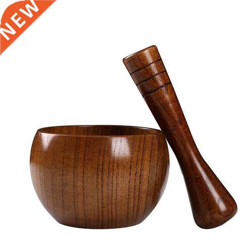 Pounded Garlic Jar Mortar Old Fashion Wooden Grinder Round