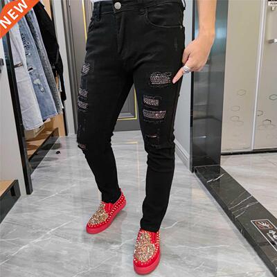 Black Hole Jean Pants Rhinestones Patchwork Ripped Tights Je