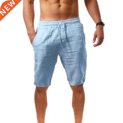 Men Casual Shorts Solid Color Breathable Cotton Linen Drawst