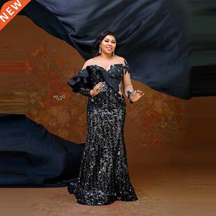 Elegant Black Evening Gowns Plus Size Long Sleeves Sequins