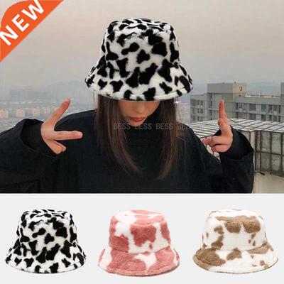 Winter Cow Print Plush Bucket Hats for Women Soft Velvet Fis