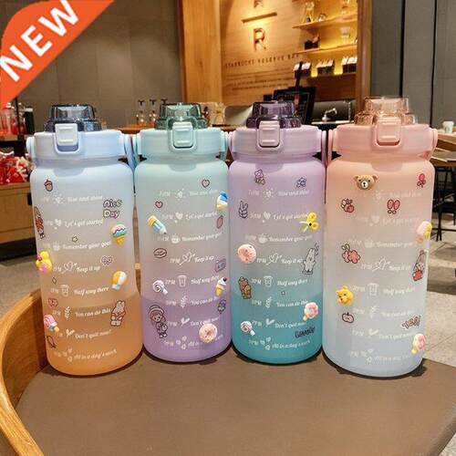 Large Water Bottle with Straw Time Marker Portable Leakproof