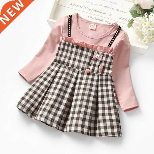 Girls Spring Plaid Dress Knee Length 1-5Y Young Children Cot