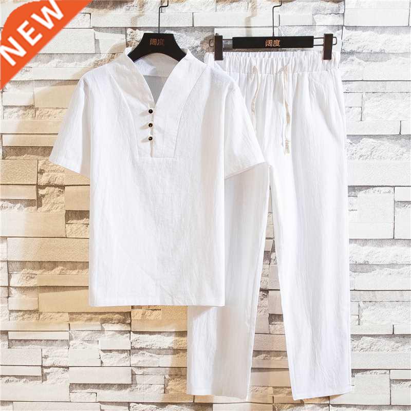 New Arrival Men's Cotton and Linen Short Sleeve T-shirt+Ankl