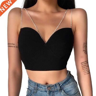 Crystal Strap Tank Vest Crop  Women Diamond Metal Summer