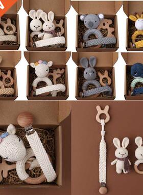 1Set Crochet Bunny Baby Teether Rattle Safe Beech Wooden Tee