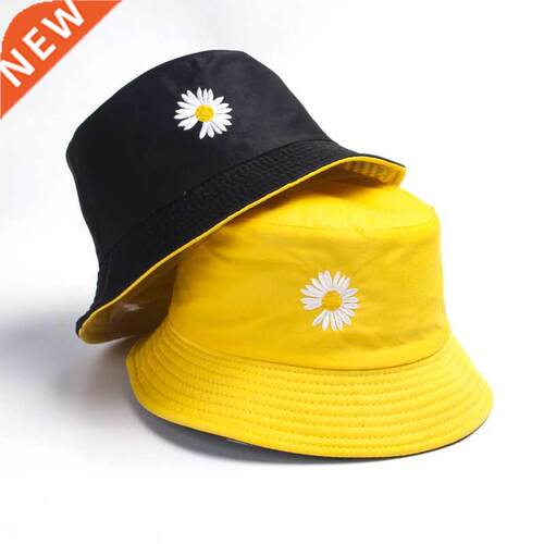 Women Bucket Fishing Hats Embroidery Daisies Cap Double-side